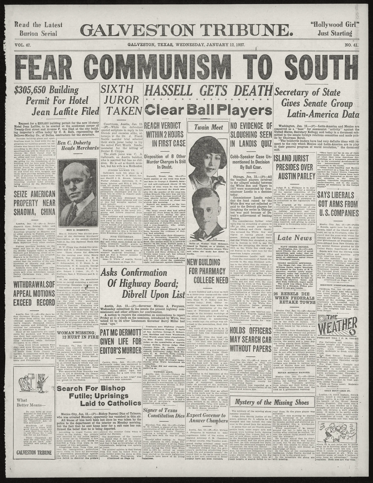 Galveston Tribune. (Galveston, Tex.), Vol. 47, No. 41, Ed. 1 Wednesday, January 12, 1927